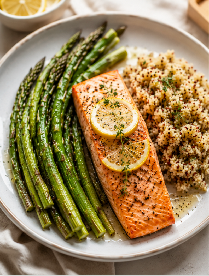Sabores que enamoran: Recetas saludables para apoyar la libido femenina de forma natural / Salmón al horno con espárragos y quinoa